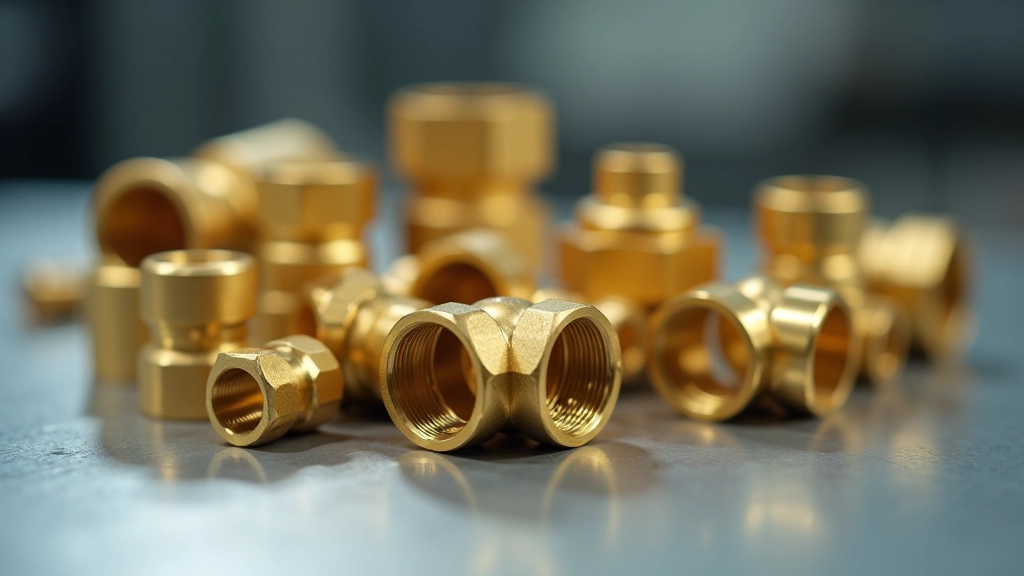 Assorted brass hydraulic fittings in different sizes arranged on metal surface