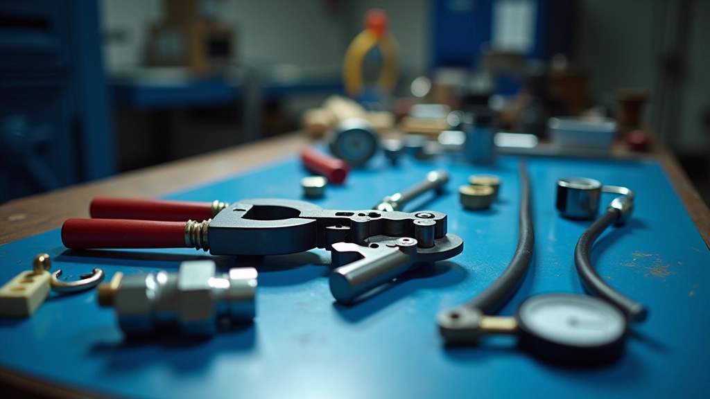 Complete set of professional hydraulic hose assembly tools arranged on workbench including crimper, cutter, gauges, and safety equipment