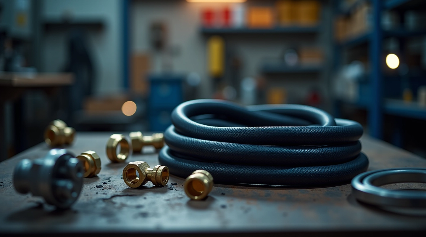 Industrial hydraulic hose coils and brass fittings displayed on a workbench