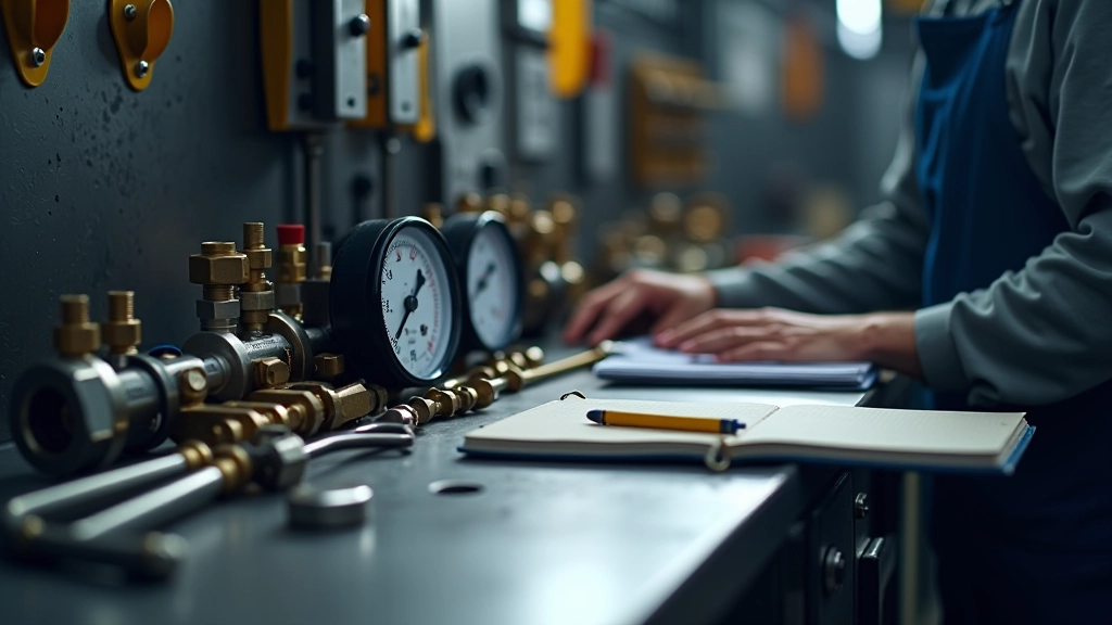 Organized maintenance tools including pressure gauge, wrenches, testing equipment, and documentation on clean workbench