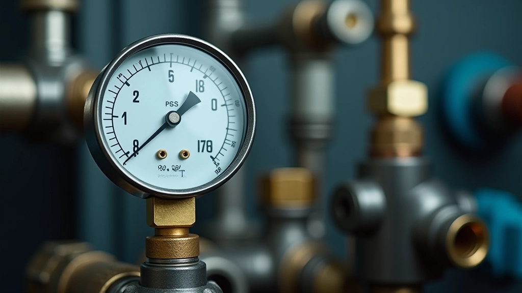 Industrial pressure gauge showing PSI measurement on hydraulic system, with brass fittings and hose connections visible in background