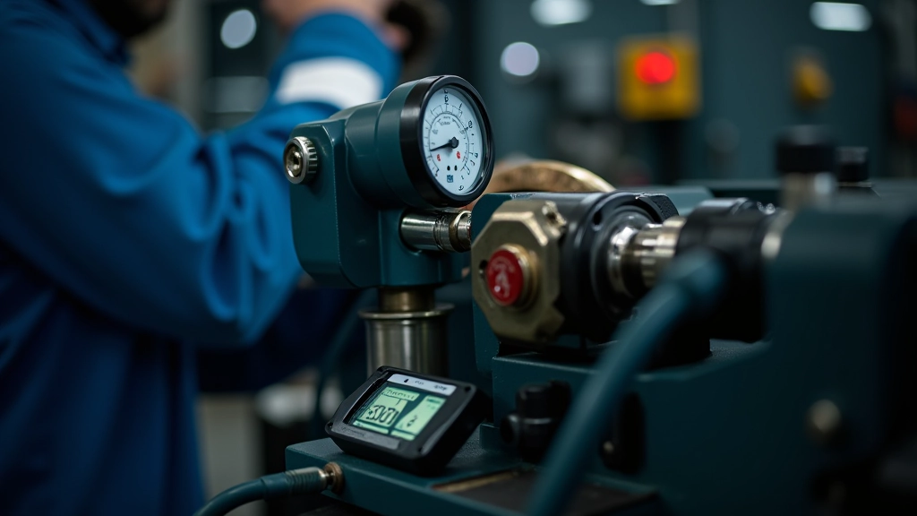 Close-up of professional hydraulic hose crimping machine showing precise measurement gauges and quality control setup