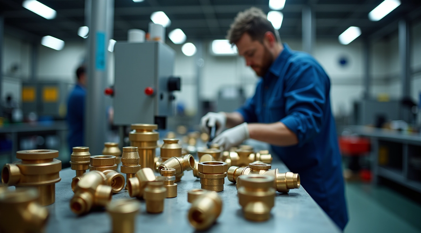 Industrial hydraulic hose assembly workshop with brass fittings and equipment