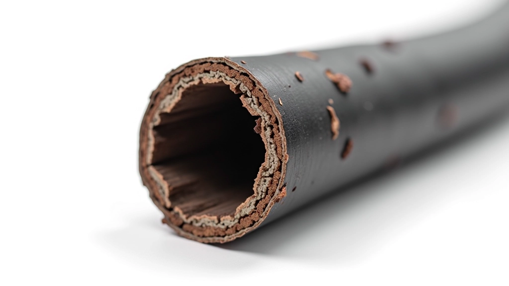 Close-up of worn hydraulic hose showing internal damage, discoloration, and material degradation under magnification