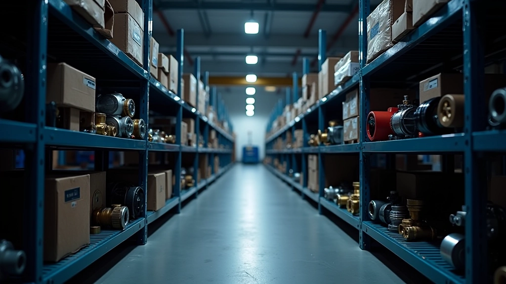 Modern industrial facility in Zlín with hydraulic equipment and brass fitting components organized in warehouse