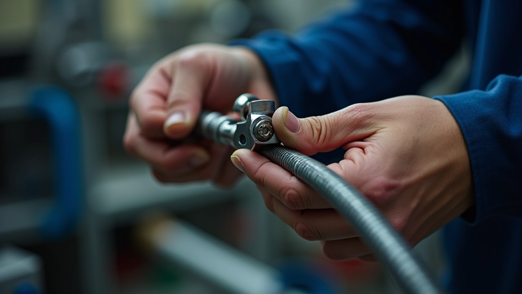 Technician assembling hydraulic hose fitting using proper tools and technique
