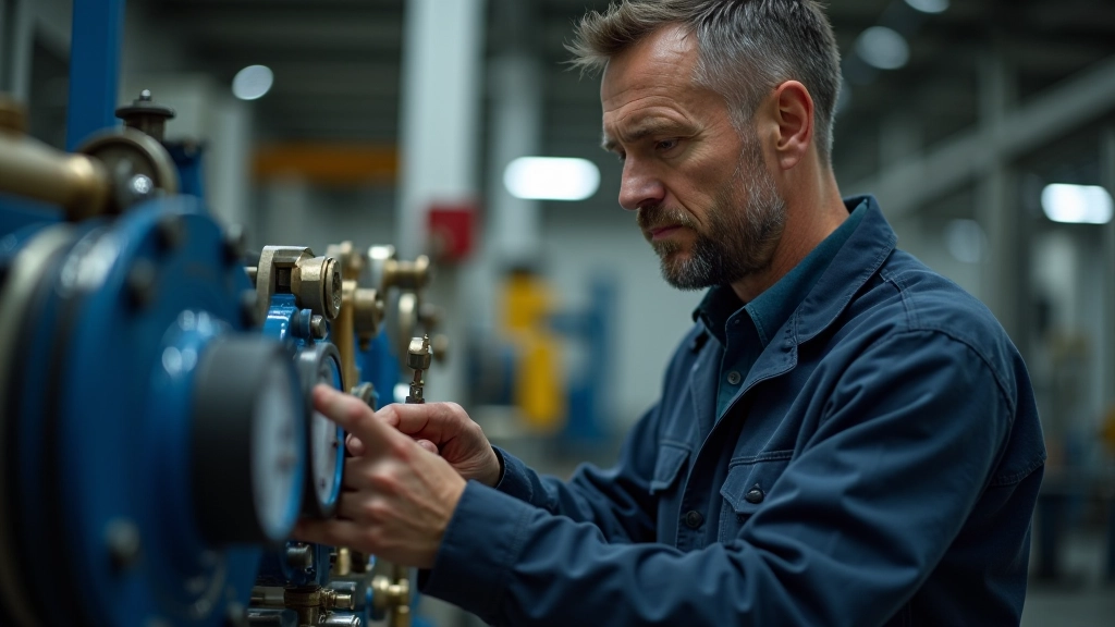 Technician performing hydraulic system inspection with pressure gauge and diagnostic equipment in industrial setting