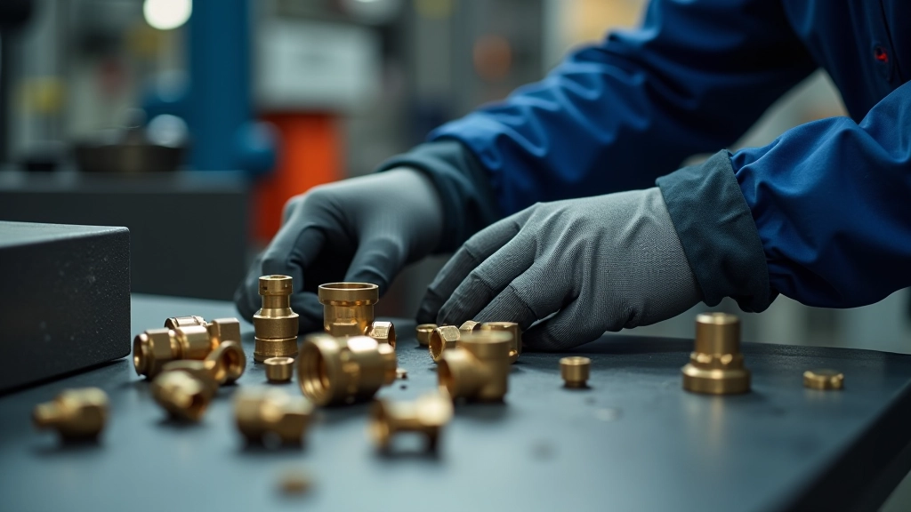 Worker comparing hydraulic fittings of different sizes and pressure ratings laid out on work table, technical documentation visible