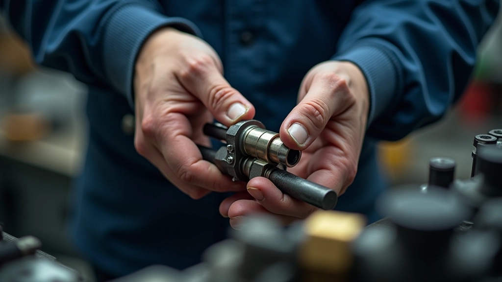 Technician demonstrating proper hand positioning for crimping hydraulic hose fittings, showing correct tool technique and alignment