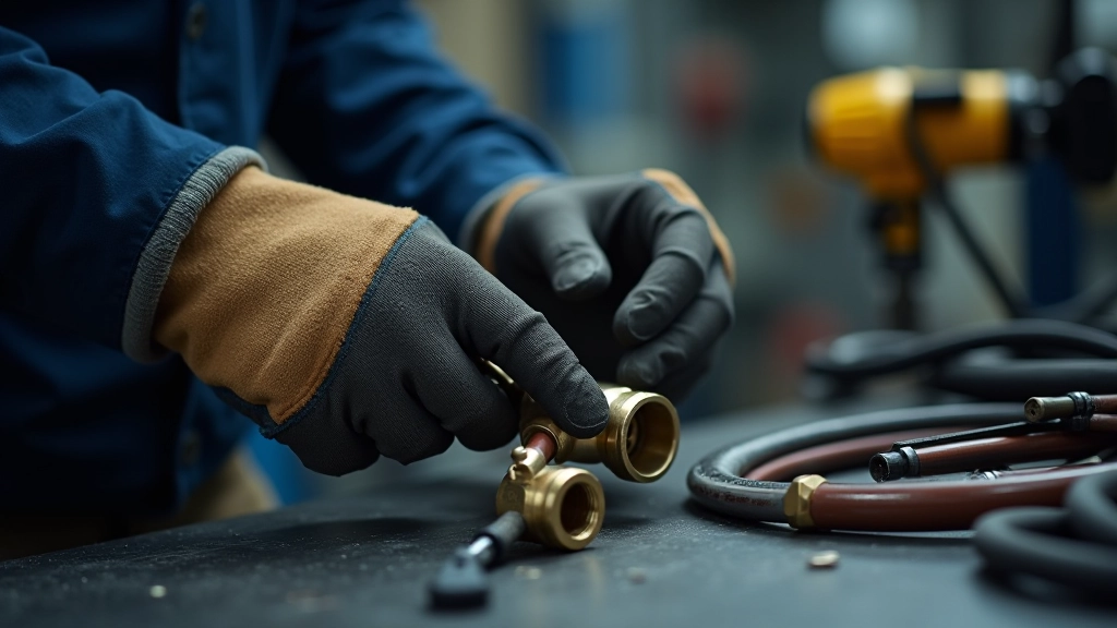 Worker assembling hydraulic hose with crimping tool in industrial workshop
