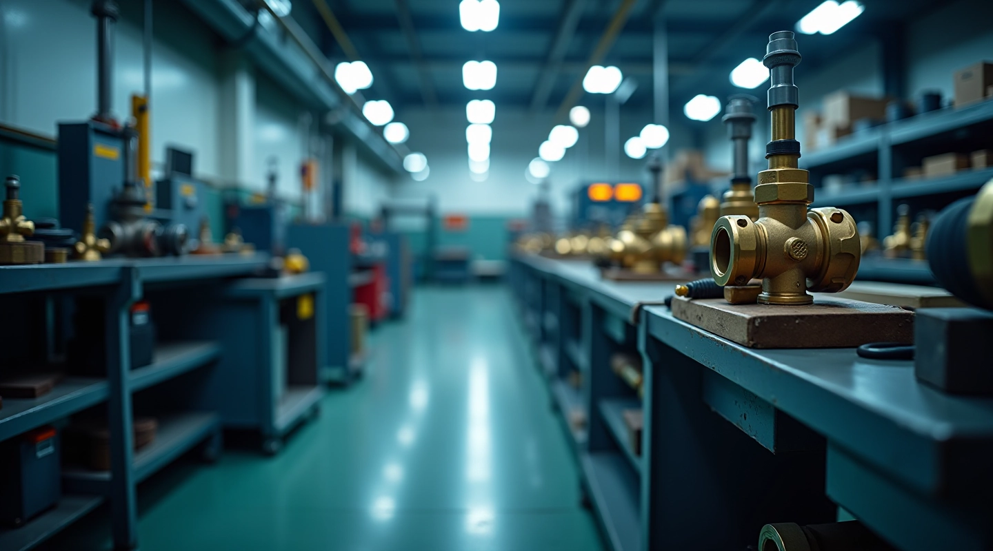 Industrial hydraulic equipment and brass fittings in modern factory workshop
